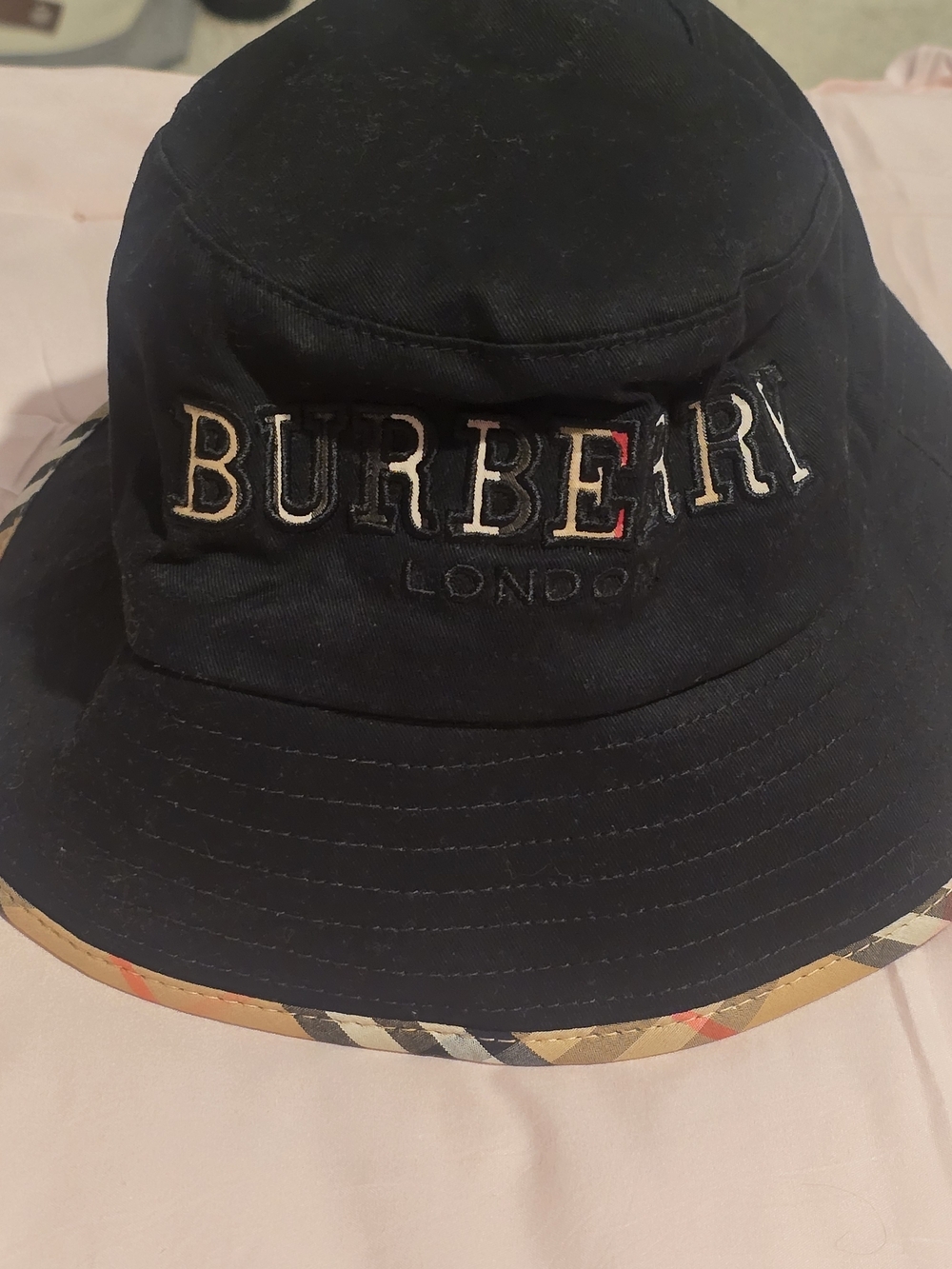 Burberry London Black Bucket Hat with Check Trim